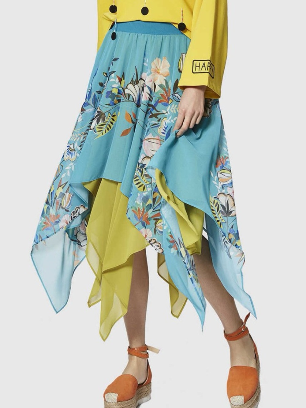 ROMAN Floral Handkerchief Hem Layered Midi Skirt Small